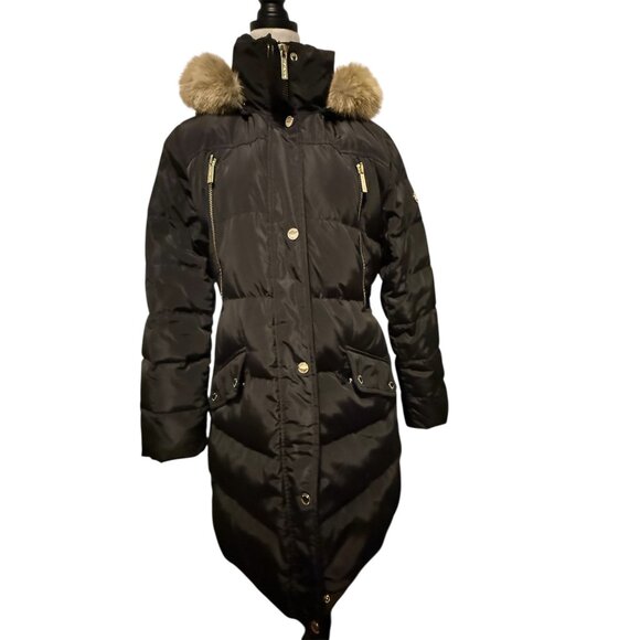 Michael Kors Puffer Coat Hooded Faux Fur Trim Down Black Size Large - Picture 1 of 16